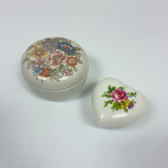 2 Vintage Ceramic Heart Trinket Jewelry Box Floral Grandma 80s Retro Storage Box - Picture 1 of 5